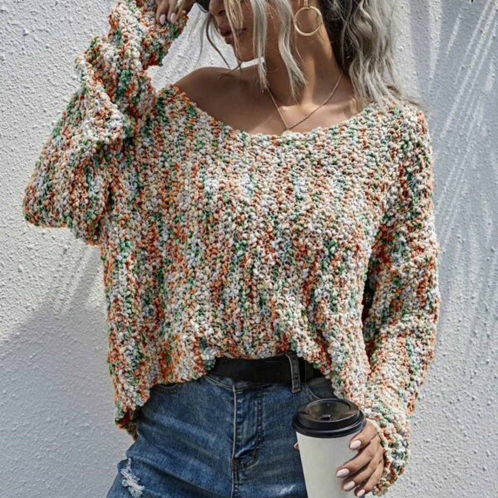 Cozy Khaki Tan oversized off shoulder popcorn sweater - Picture 7 of 10